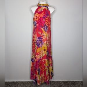 Cynthia Steffe Red Pink Purple Tropical Floral Sleeveless Halter Maxi Dress M